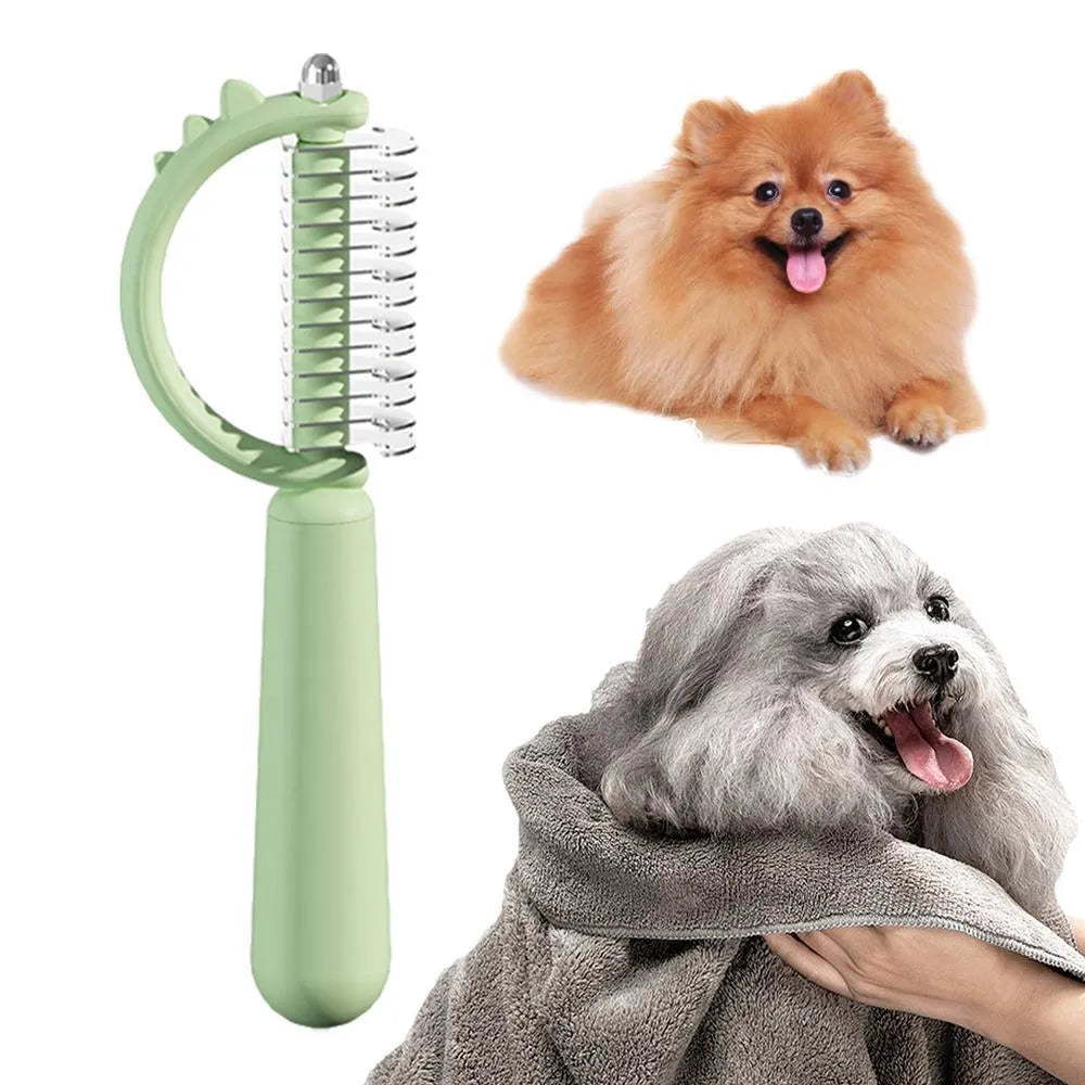 Blue dinosaur-shaped cat brush with self-cleaning feature and double-sided grooming heads