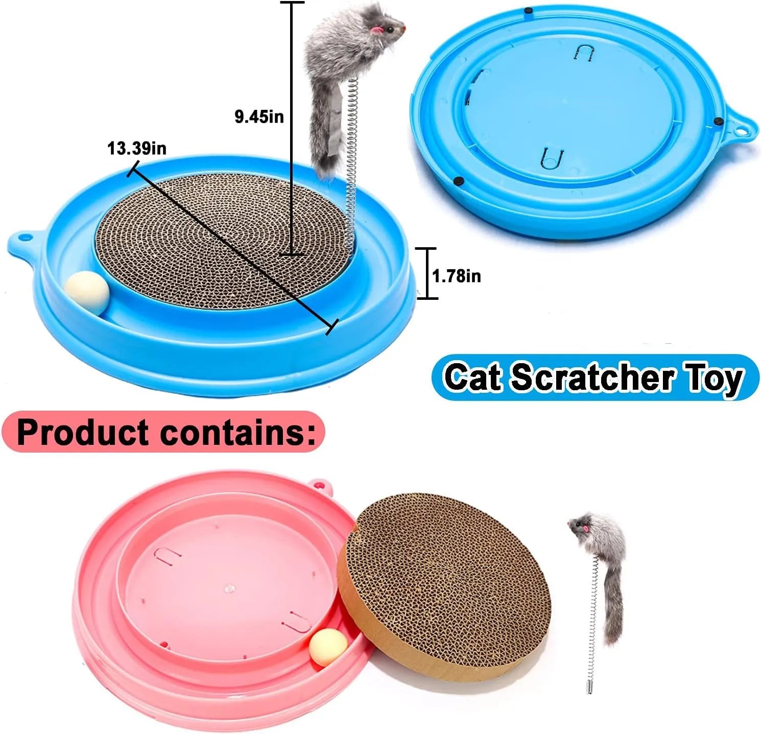Round blue cat scratcher with ball track and corrugated cardboard surface