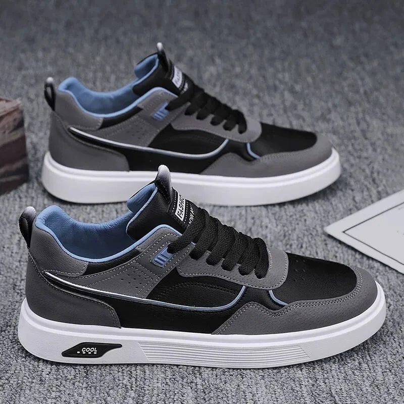 Men's Korean-style canvas board shoes in black, beige, or grey with round toe and low-top design