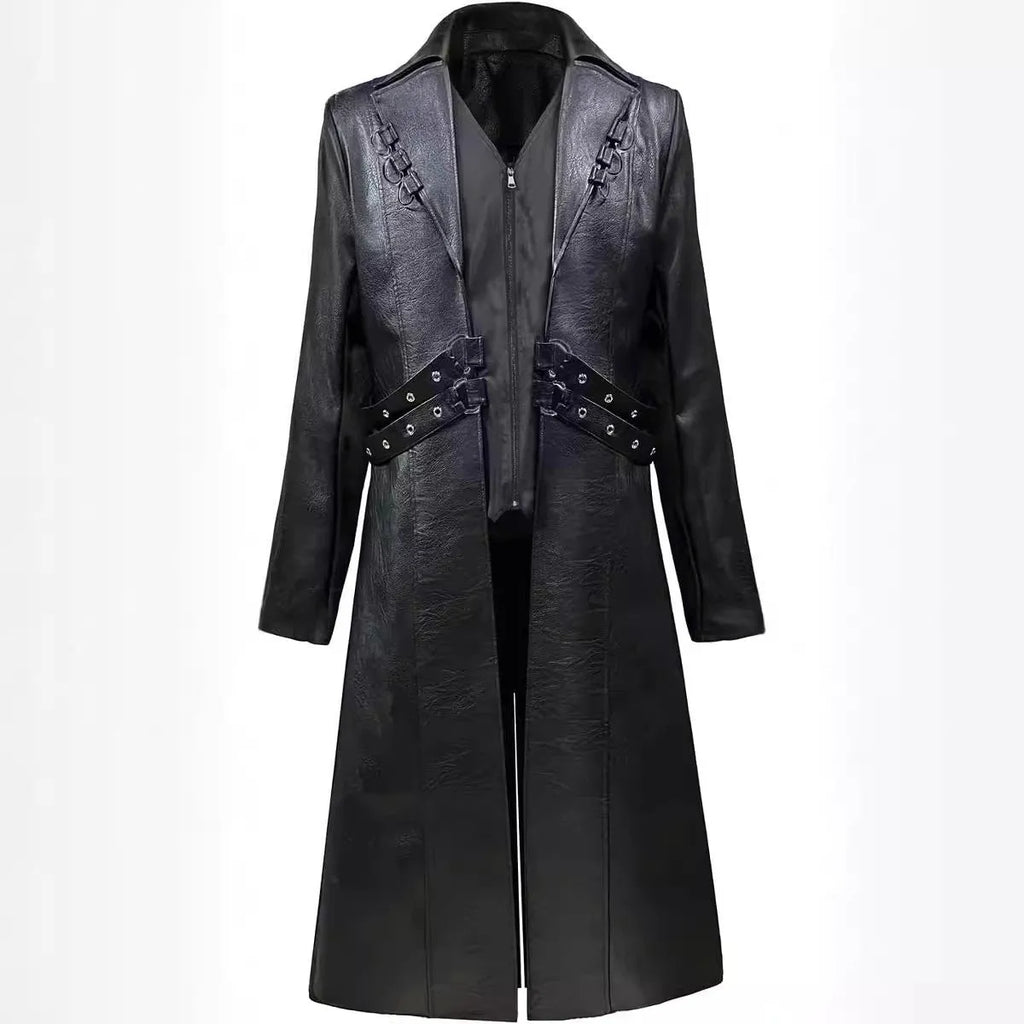 Mid-length PU leather trench coat in Black, retro design, full front view
