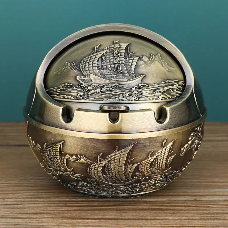 Creative alloy ashtray in bronze with smoke extinguishing slot, featuring a detailed Money Tree design.