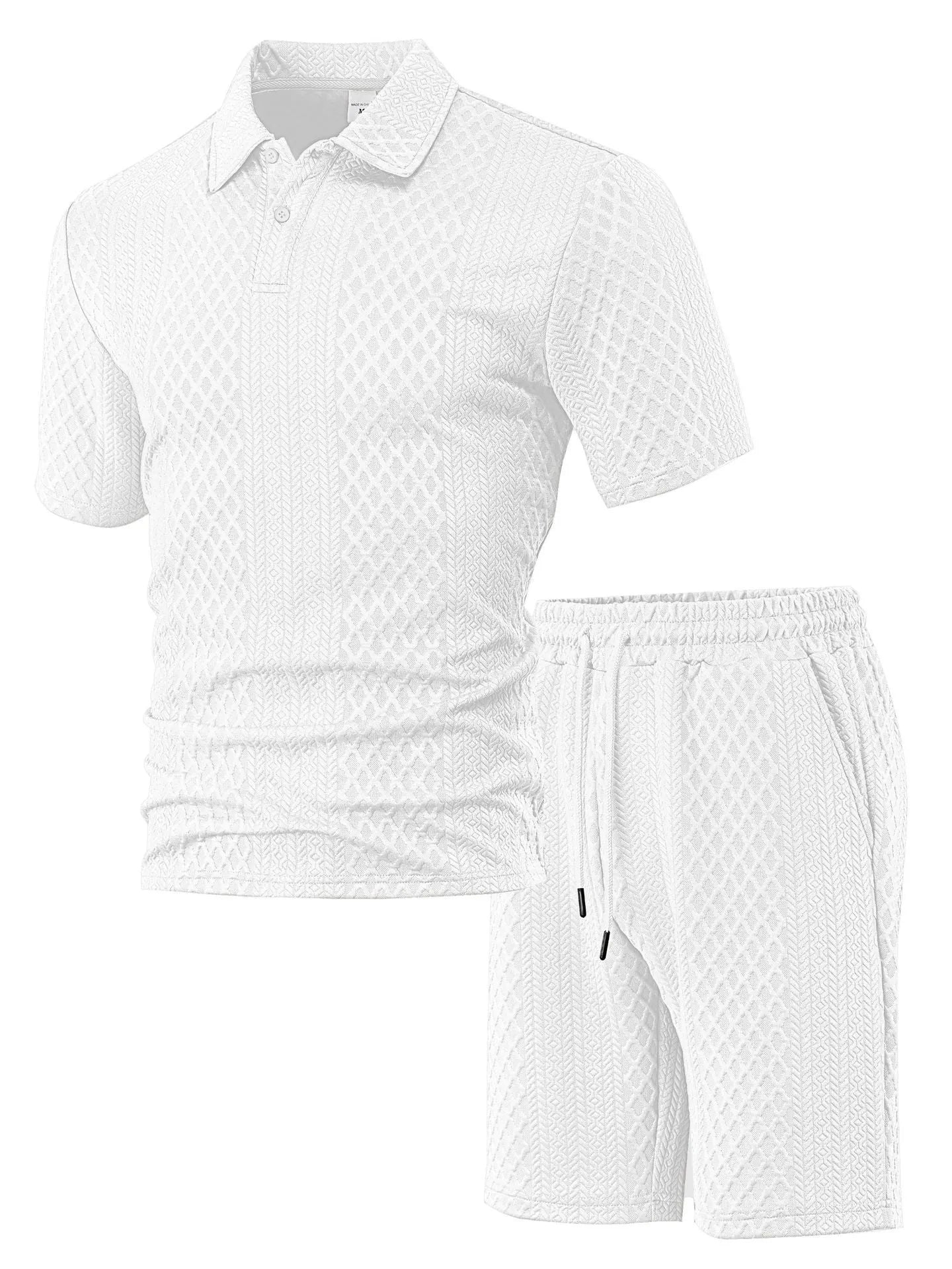 Men's patterned cloth short sleeve polo suit in light blue, shown with matching trousers.