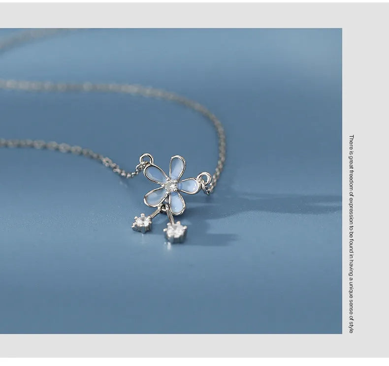 999 sterling silver flower pendant necklace with white nano anti-oxidation finish on adjustable cross chain