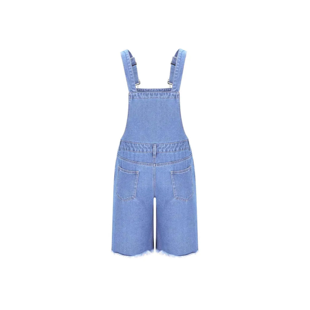 Men's dark blue ripped denim shorts with integrated suspender straps and straight-leg cut