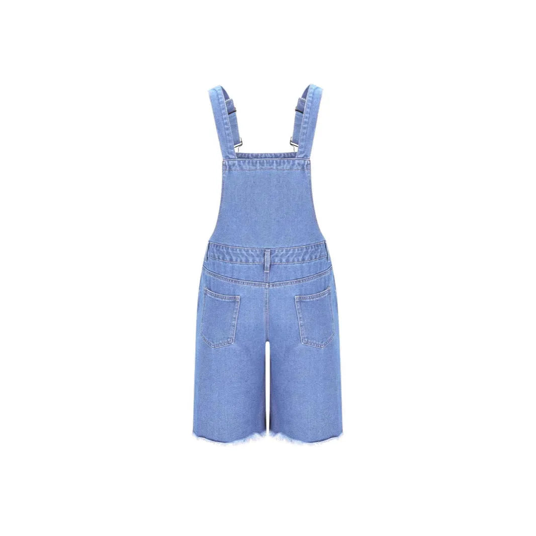 Men's dark blue ripped denim shorts with integrated suspender straps and straight-leg cut
