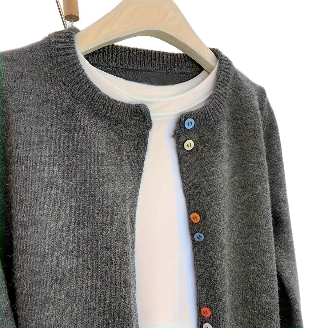 Women's dark grey solid colour polyester cardigan with button front and long sleeves.