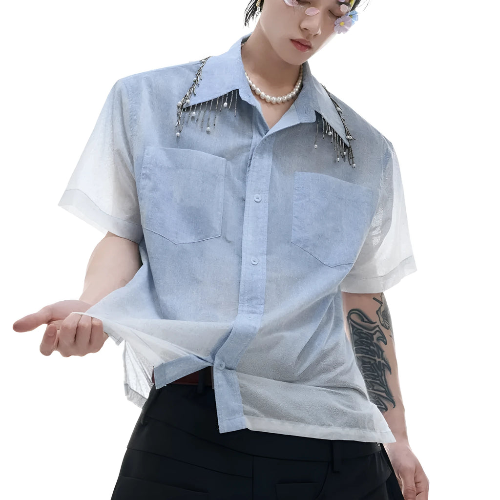 Men's loose fit blue and white gradient shirt with quilted design and short sleeves