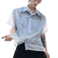 Men's loose fit blue and white gradient shirt with quilted design and short sleeves