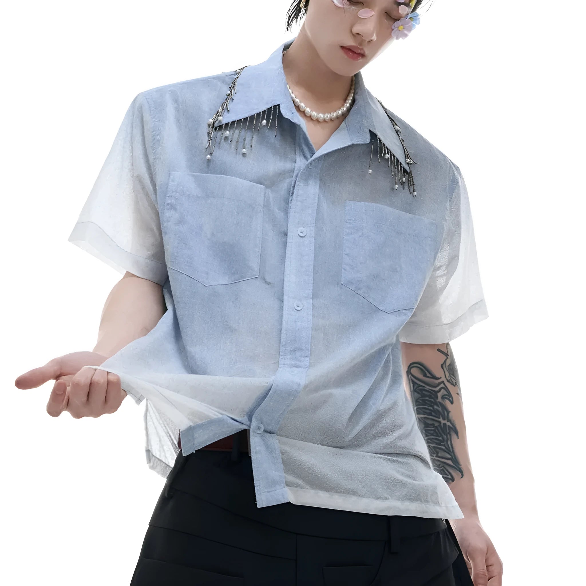 Men's loose fit blue and white gradient shirt with quilted design and short sleeves