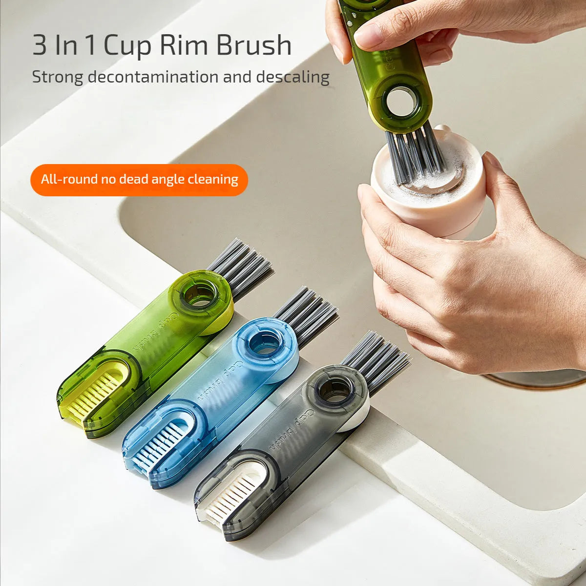 Transparent 3-in-1 multi-functional crevice cleaning brush with spiral head and bevel corner, 11.4 cm long