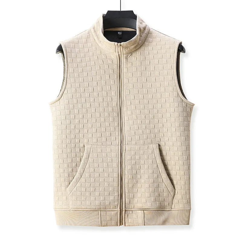 Men's sleeveless cardigan-style vest in a chemical fibre blend, shown in black, brown, khaki, and grey colour options.