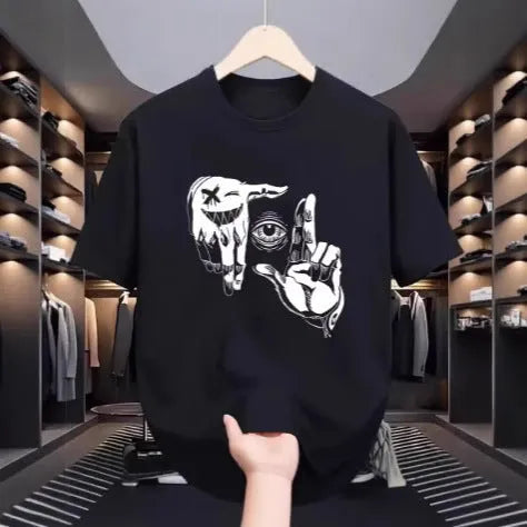 Men's round neck t-shirt with cartoon pattern on breathable mesh fabric