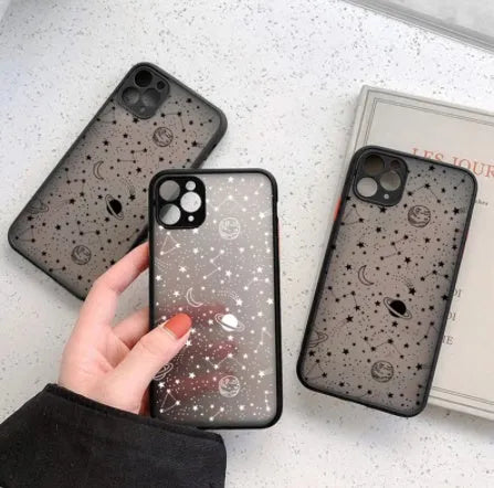 Black and white Star Universe iPhone case shell shown next to compatible iPhone models like XR, 12, and 13.