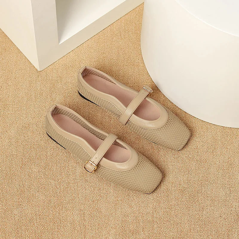 Women's mesh breathable summer shoes with buckle fastening and flat low heel