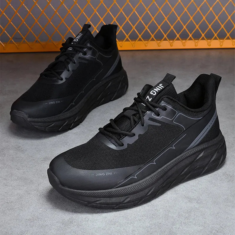 Mens thick-soled anti-skid lace-up running sneakers with rubber sole in black and grey colour options