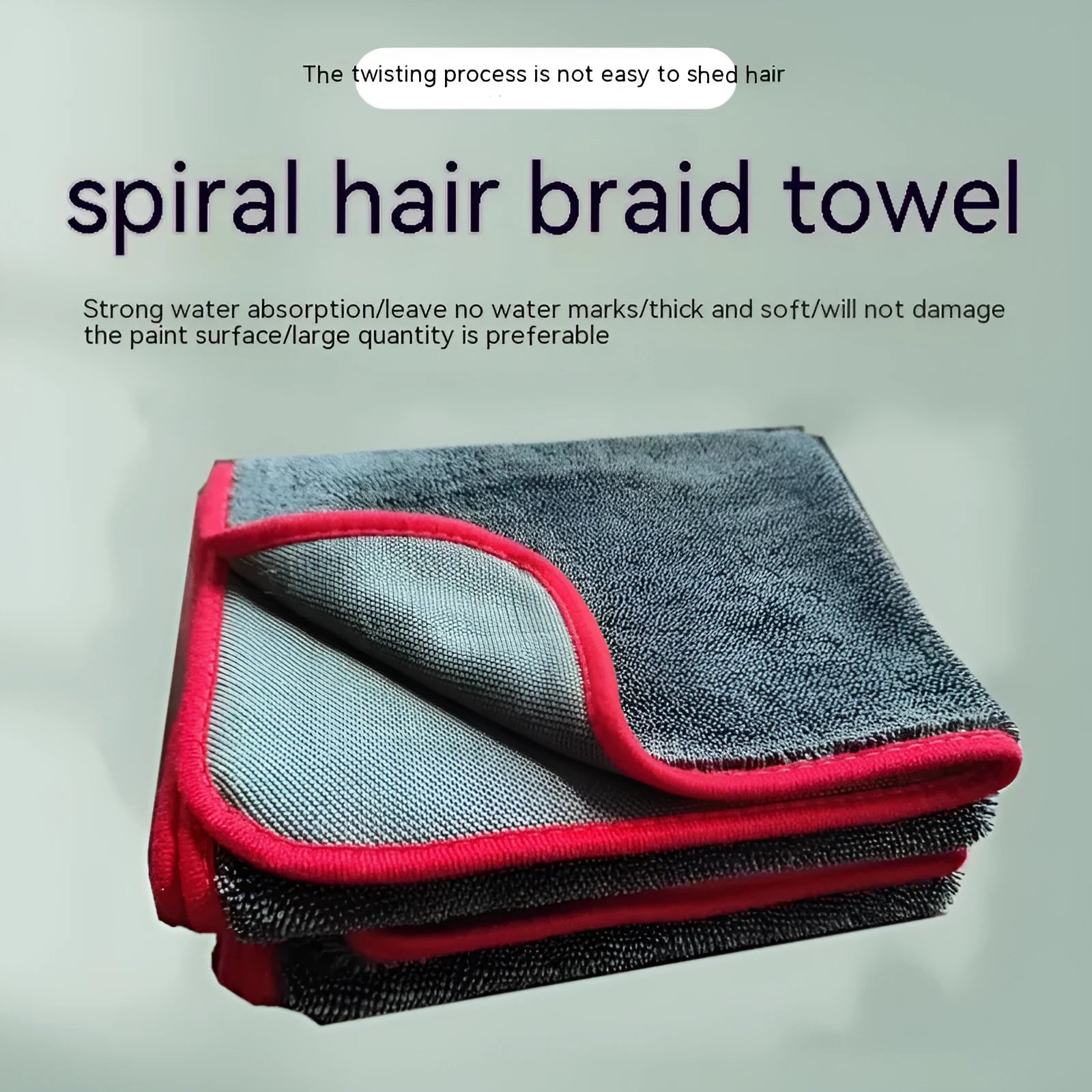 Grey car wash towel with spiral hair texture and contrasting border trim in multiple size options