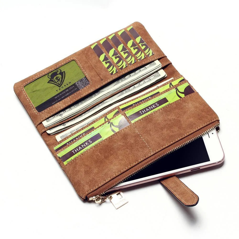 TAUREN retro matte leather women's long wallet open showing card slots and zip closure