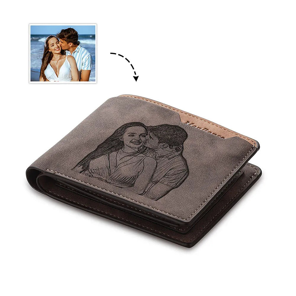 Coffee coloured engraved horizontal short wallet made from PU leather, showing personalised text or photo customisation.