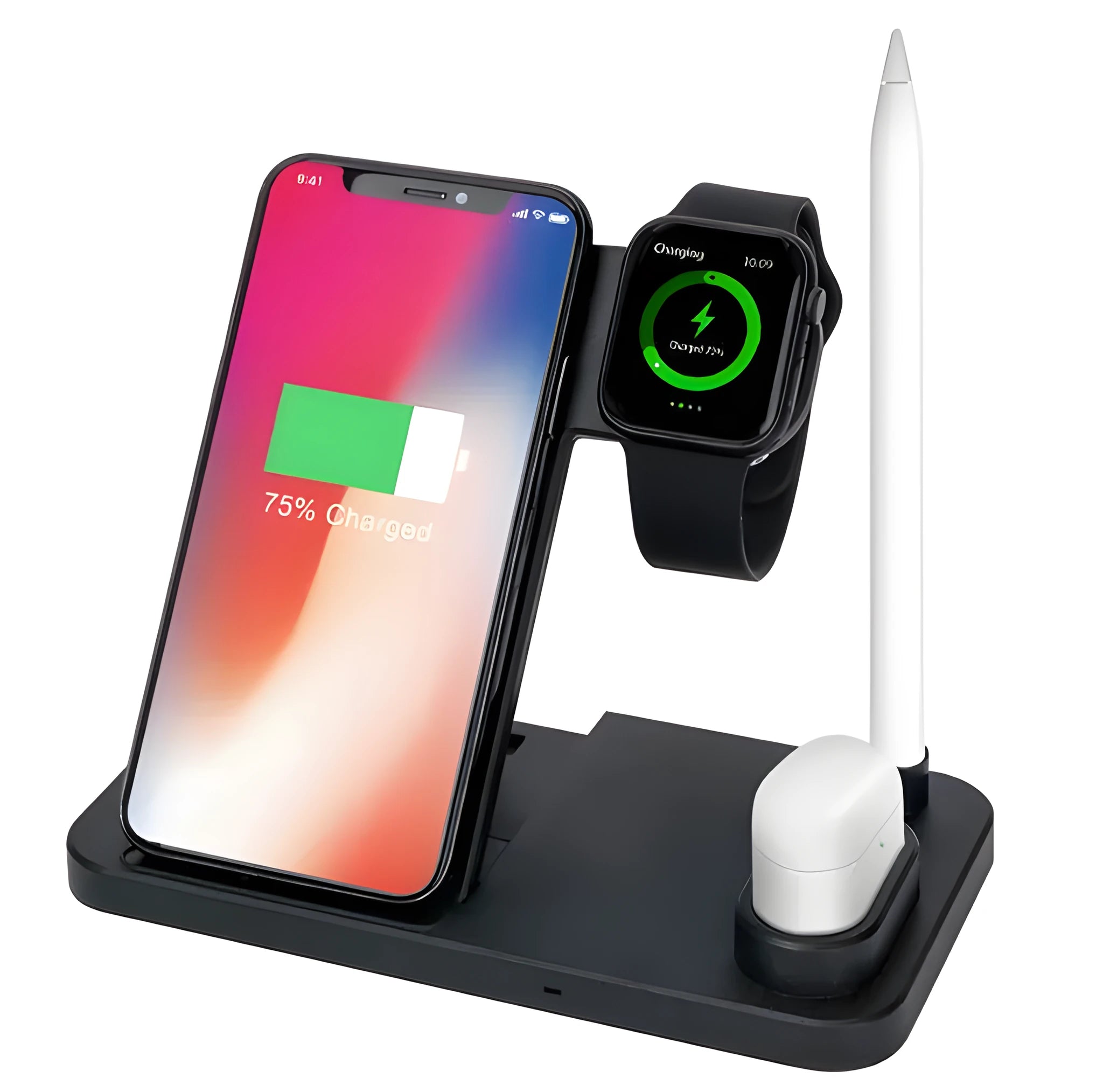 Black and white 4-in-1 wireless charging station showing phone on adjustable stand, Apple Watch, AirPods, and Apple Pencil charging simultaneously.