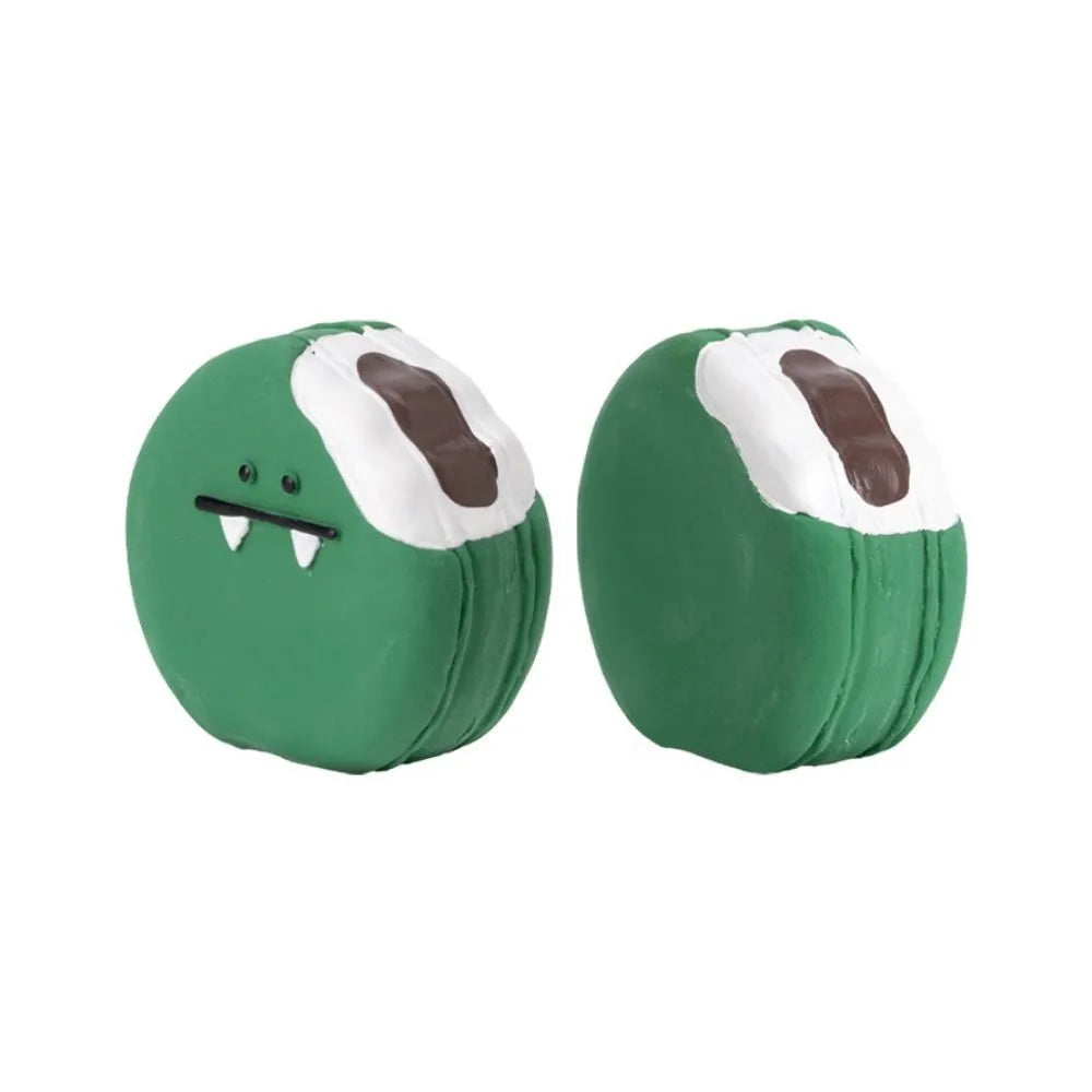 Yellow and green bread-shaped latex dog chew toy with cartoon patterns and squeaky feature