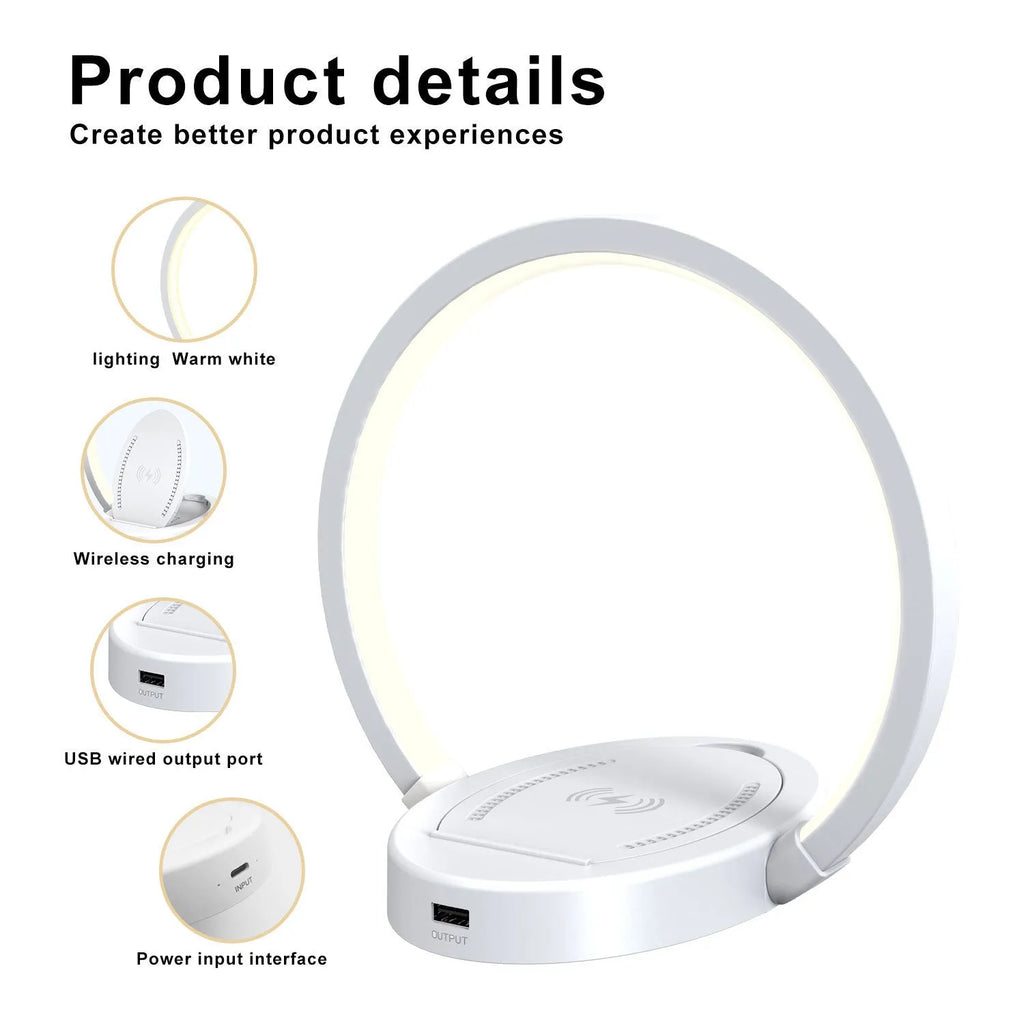 Night light lamp Bluetooth speaker table light with 10W wireless charger USB port phone holder in black finish