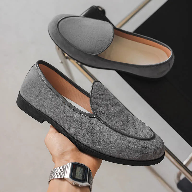 Men's summer slip-on Gommino shoes round toe wedge heel artificial PU upper leather lining solid colour beige