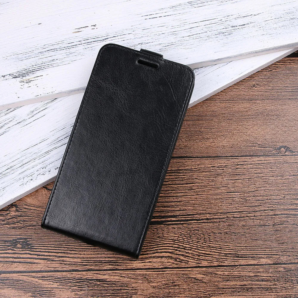 Honor 7X leather wallet phone case in black with card slots and crazy horse leather texture.