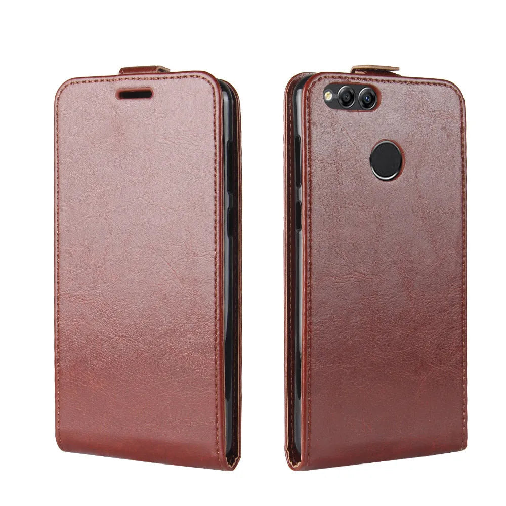 Honor 7X leather wallet phone case in black with card slots and crazy horse leather texture.