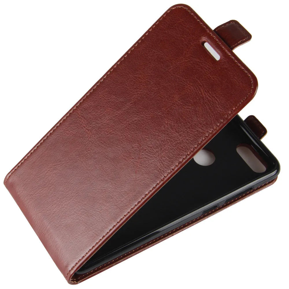 Honor 7X leather wallet phone case in black with card slots and crazy horse leather texture.