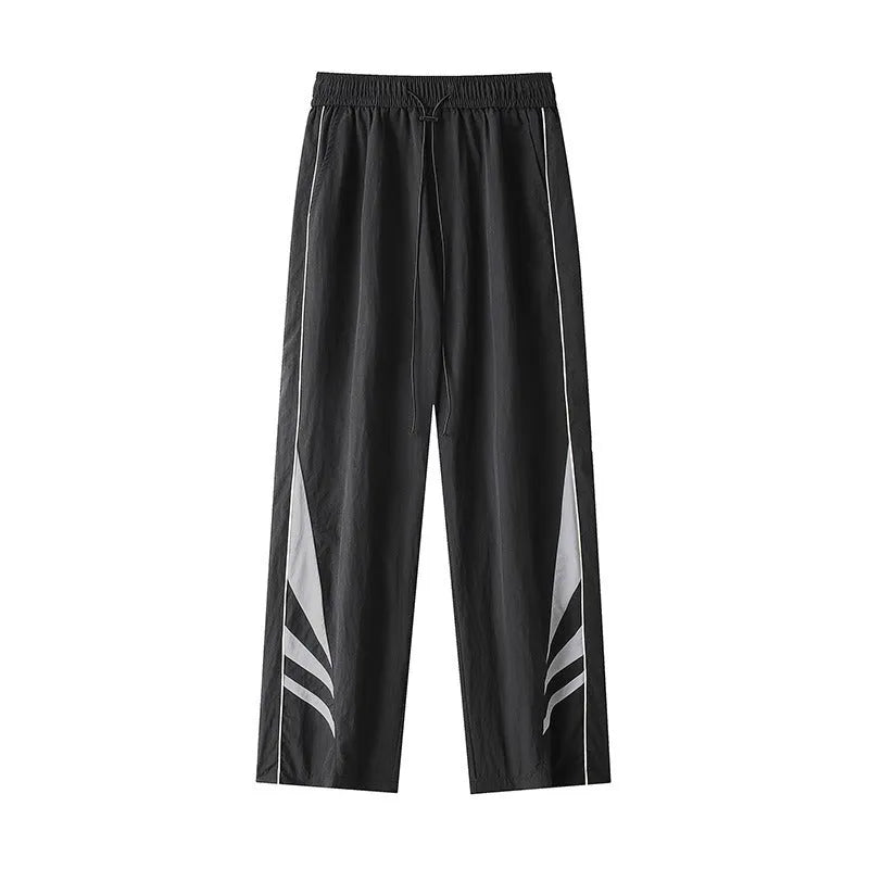 Men's straight-leg casual trousers in black or grey, featuring an elastic waist and thin summer fabric.