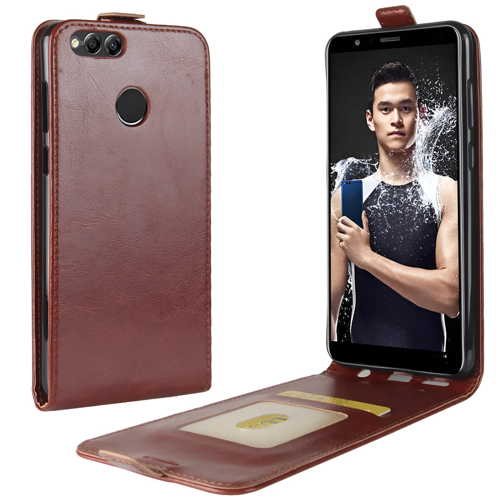 Honor 7X leather wallet phone case in black with card slots and crazy horse leather texture.