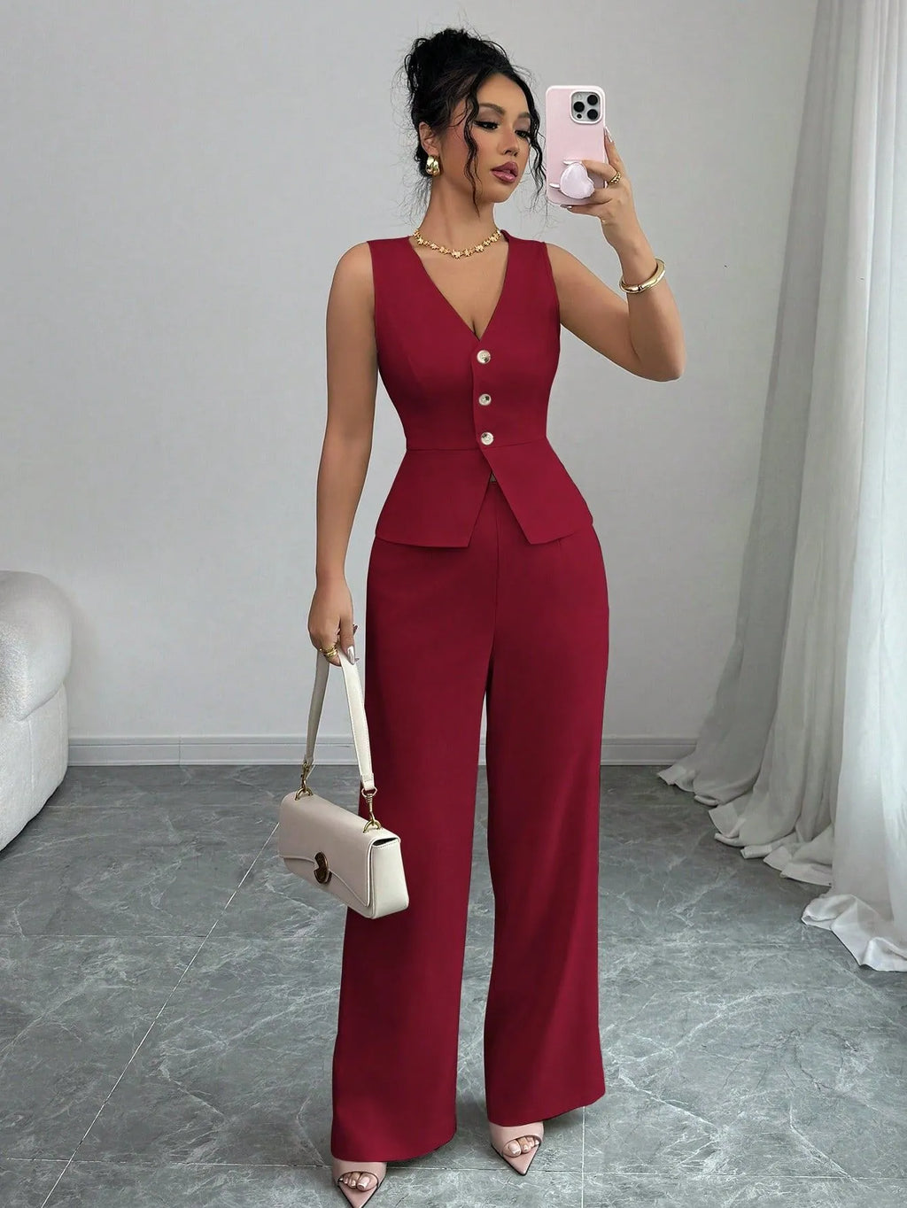 Women's black sleeveless vest and high-waist trousers two-piece casual set