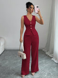 Women's black sleeveless vest and high-waist trousers two-piece casual set