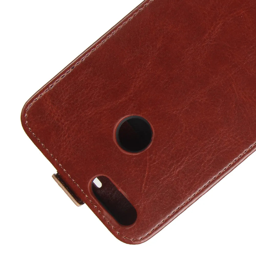 Honor 7X leather wallet phone case in black with card slots and crazy horse leather texture.