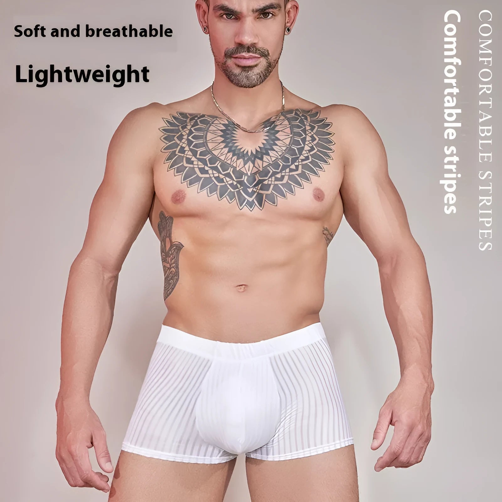 Men's striped thin transparent nylon underwear in black, dark grey and white colours