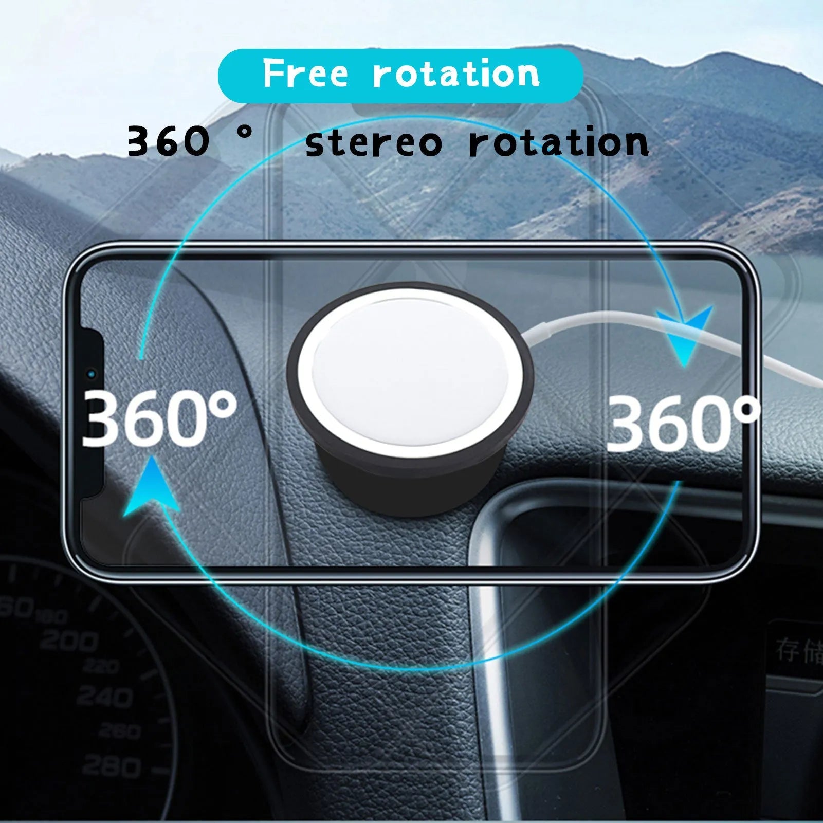 Black magnetic car phone holder mounted on vehicle air vent with smartphone attached