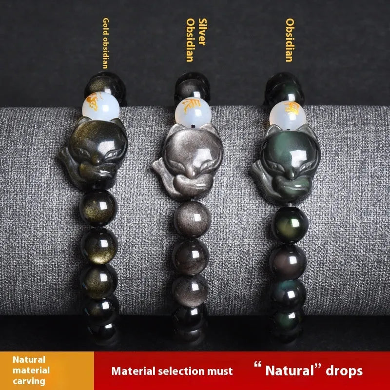 Natural obsidian zodiac bracelet in 10mm beads with national style design.