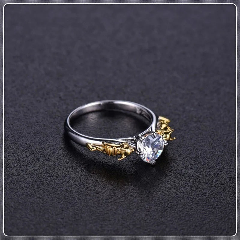 Copper cosplay ring with crown design in black gold finish on size display