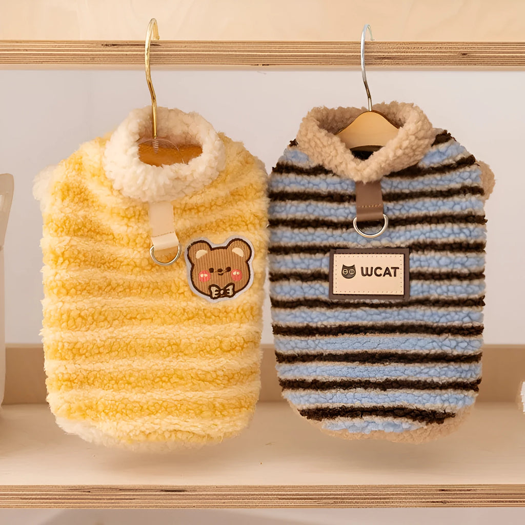 Warm striped lambskin fleece pet clothing with drawstring for small and medium dogs and cats, blue colour