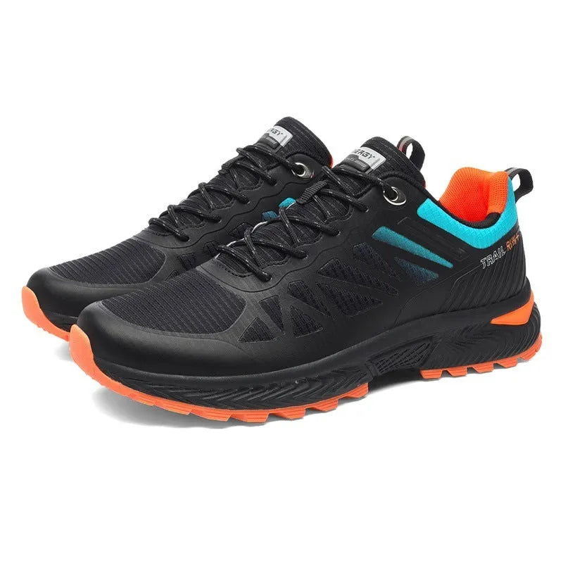 Men's black breathable mesh outdoor running shoe with lace-up front and rubber sole.