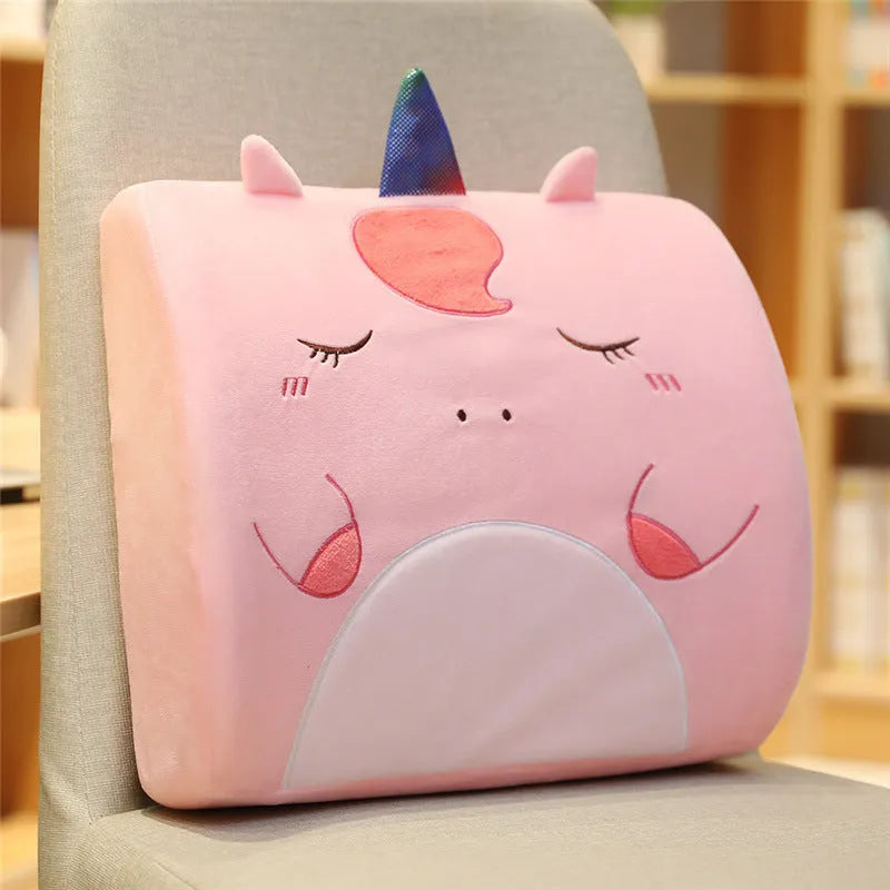 Cartoon memory foam seat back cushion showing embroidered designs on polyester cover with removable inner core