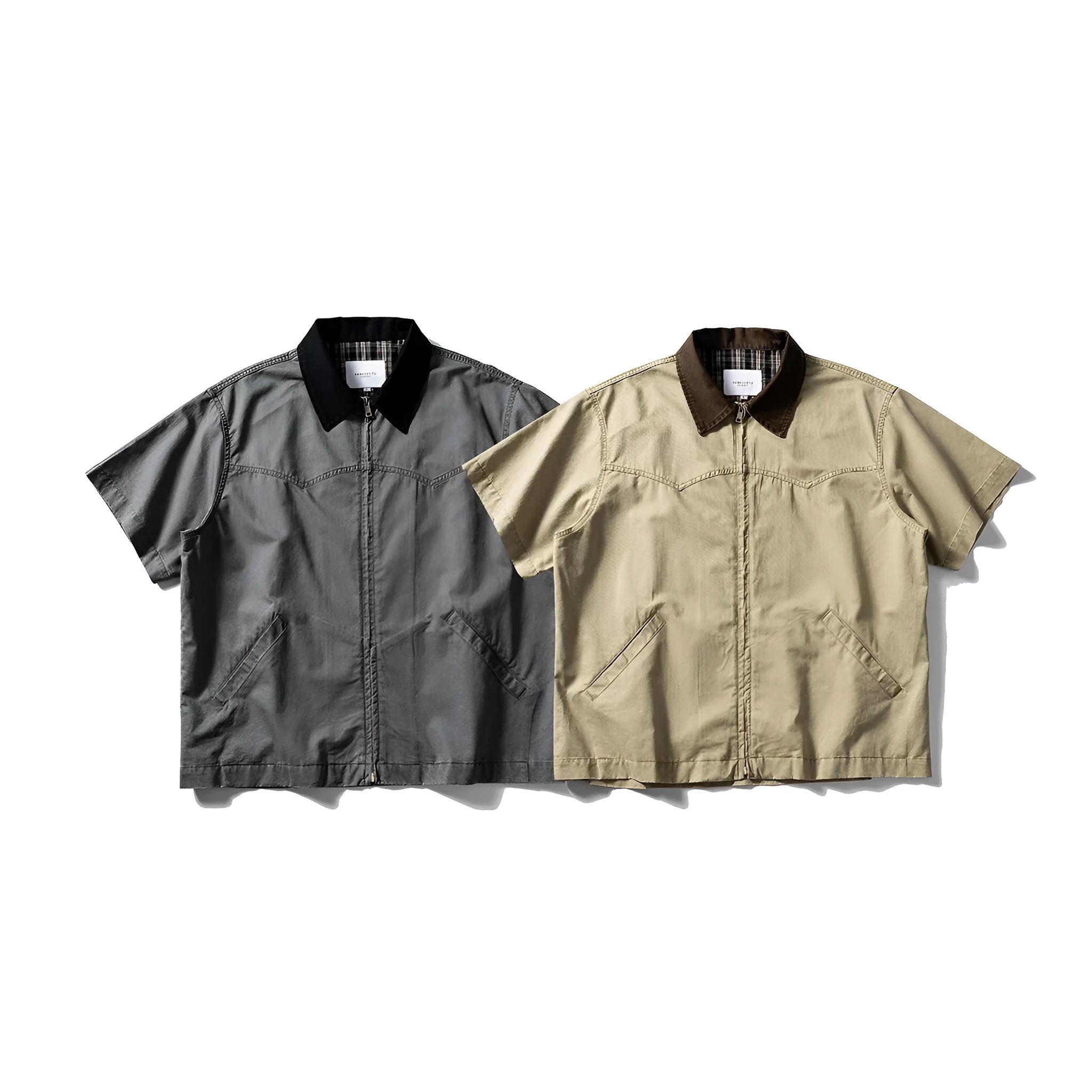 Men's khaki washed overalls cotton shirt with short sleeves in loose cardigan style