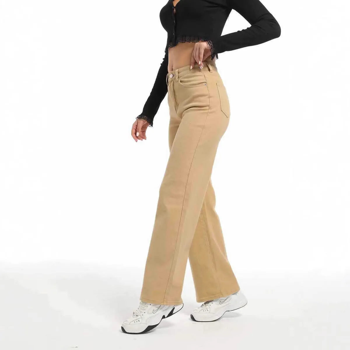 Women's high-waist straight-leg wide jeans in apricot colour, laid flat