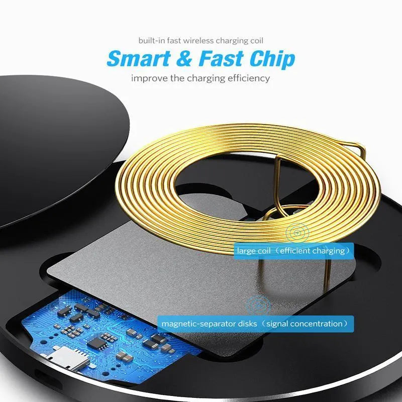Black square QI wireless charging base measuring 98x98mm with ultra-thin 6.5mm profile