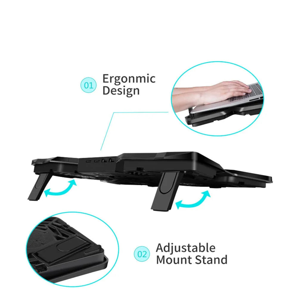 Laptop cooling base with four blue LED fans, speed switches, and USB ports on cooling pad