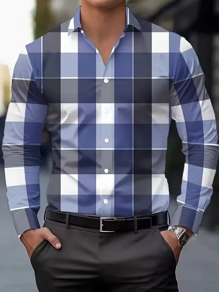 Men's striped long sleeve shirt with button lapel in a choice of colours
