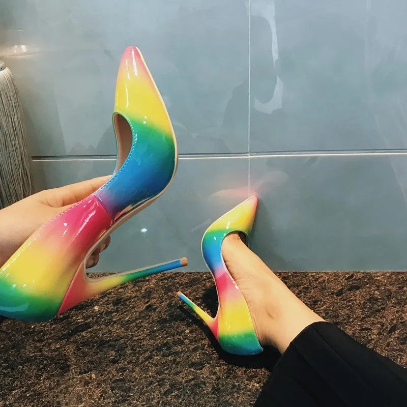 Rainbow patent leather high heels with pointed toe and thin heel in 10cm or 12cm options.