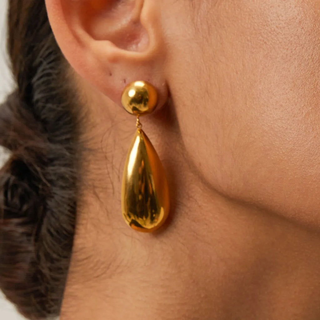 Geometric water drop stainless steel earrings with gold electroplated finish and hemisphere design details