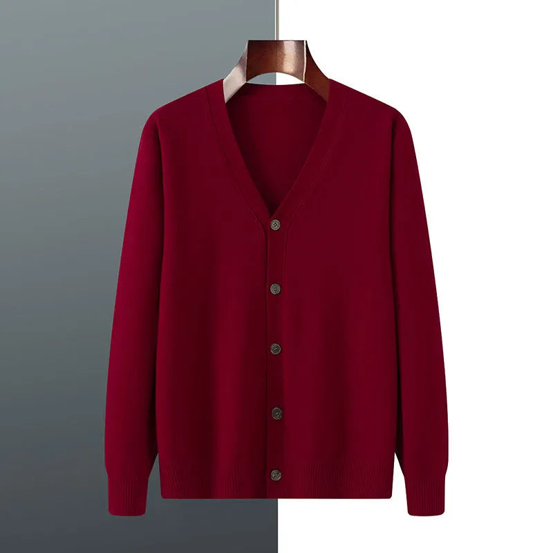 Men's loose-fit Andy velvet cardigan coat in dark blue with V-neck and long sleeves.