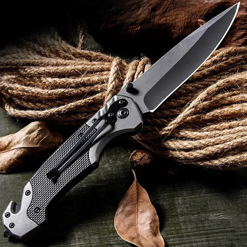 Alloy folding pocket knife shown open, highlighting blade and handle with choice of finish.